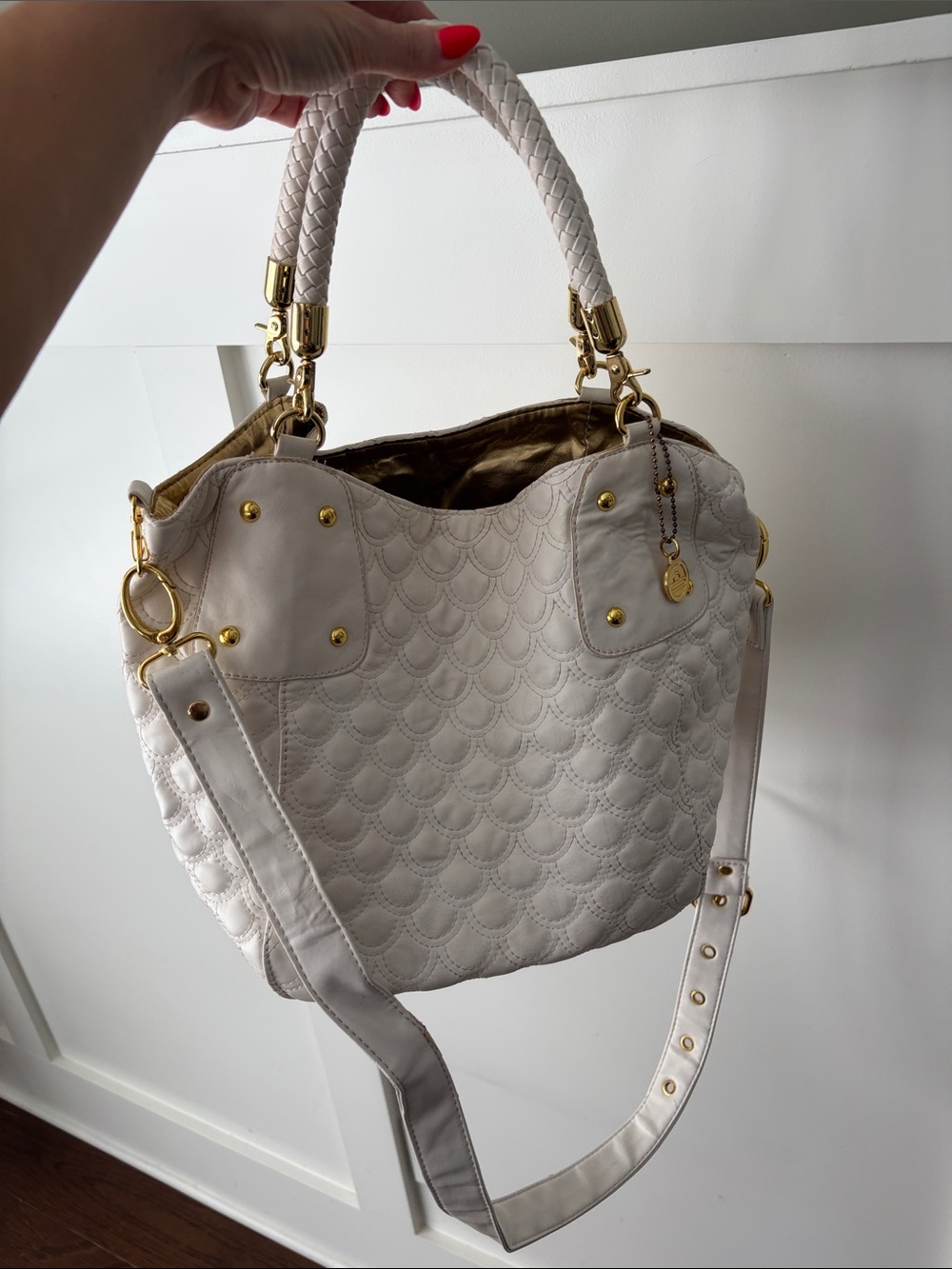 Big Buddha Quilted White Leather Tote with Gold Hardware